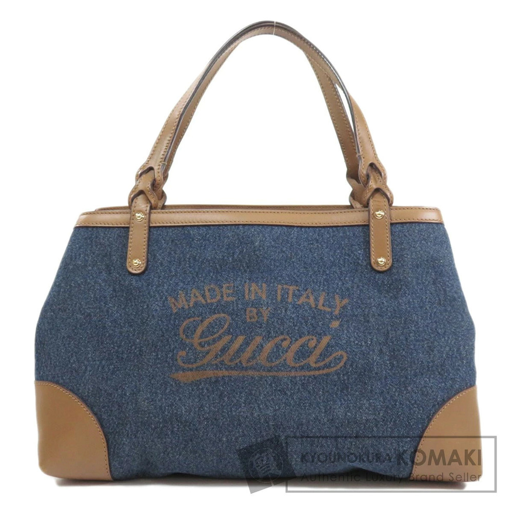 Gucci denim tote bag brown leather trim printed logo front
